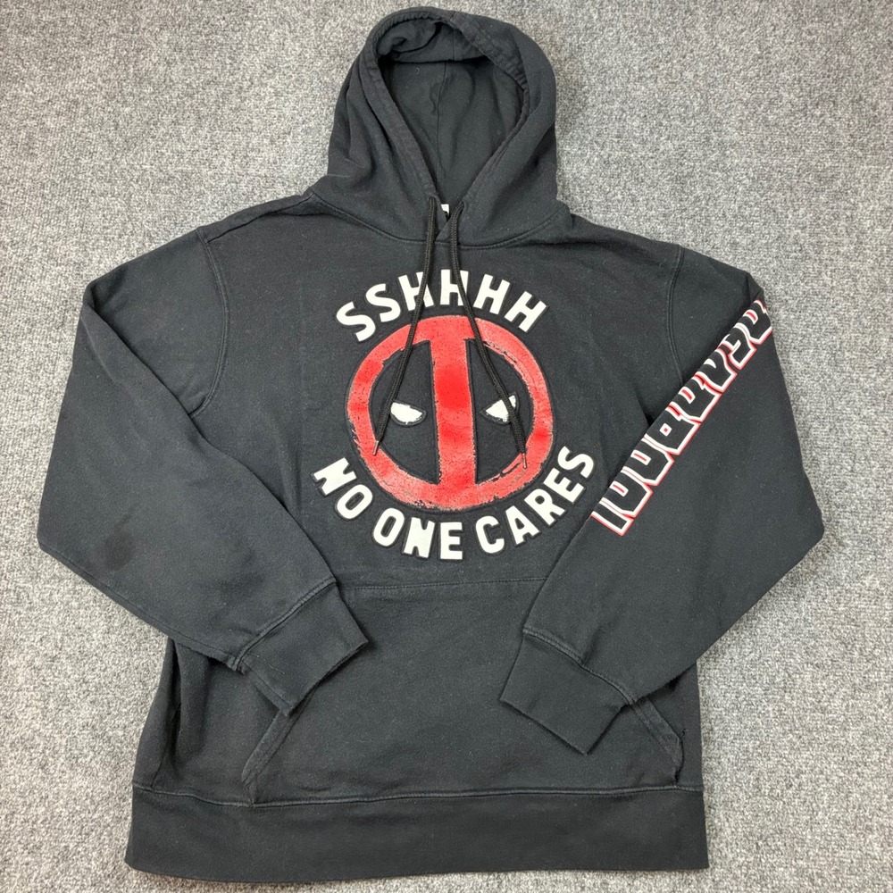 Marvel Deadpool Hoodie Mens 2XL Black Sshhhh No One Cares Graphic Sweatshirt